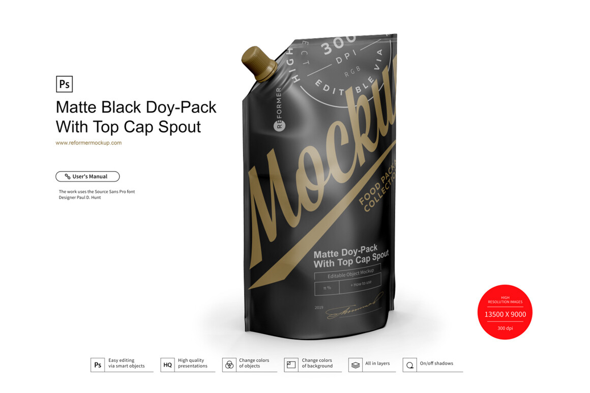 Black Matte Doy-Pack With Side Cap Spout Mockup ¾