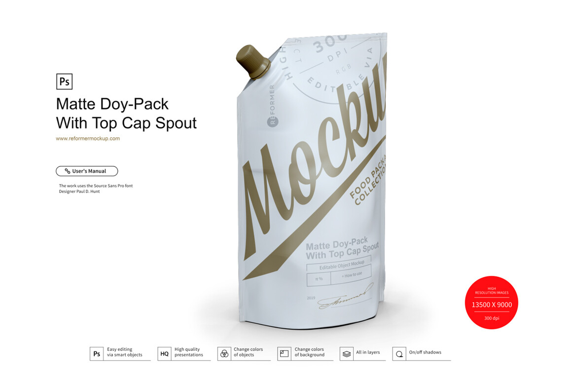 Matte Doy-Pack With Side Cap Spout Mockup ¾