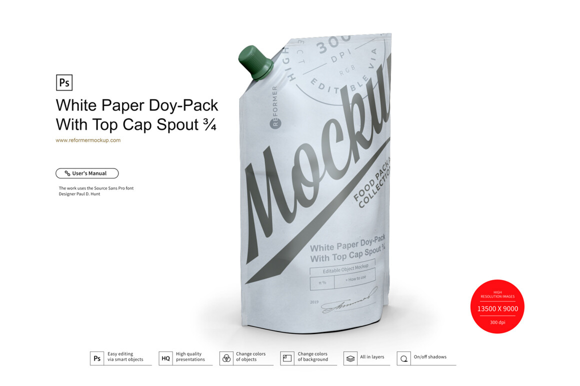 White Paper Doy-Pack With Side Cap Spout Mockup ¾