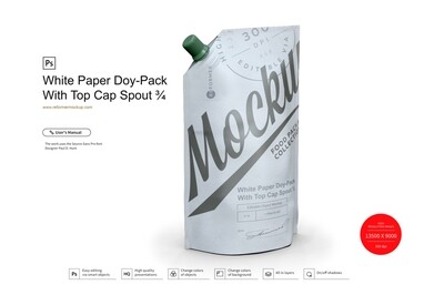 White Paper Doy-Pack With Side Cap Spout Mockup ¾ White Paper Doy-Pack With Side Cap Spout Mockup ¾