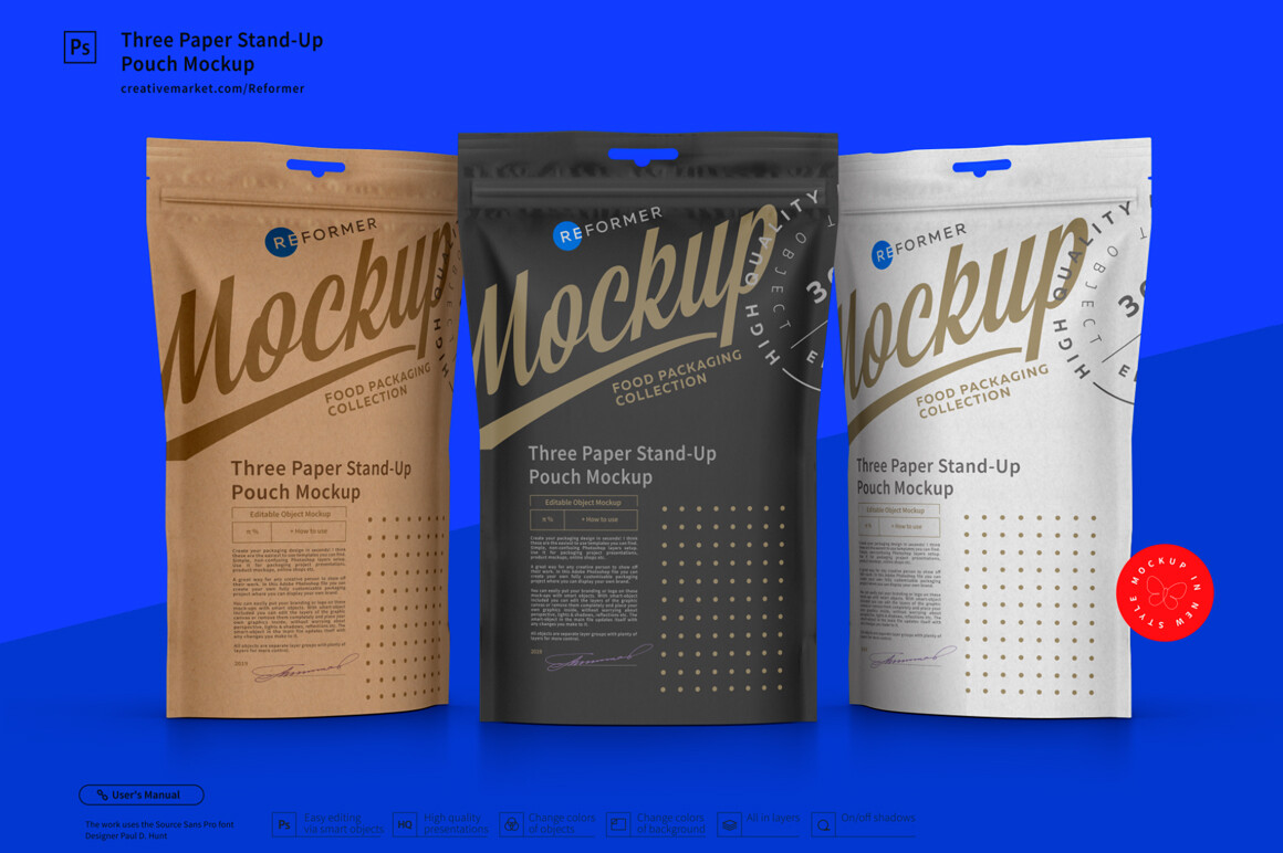Three Paper Doy-Pack Pouch Mockup