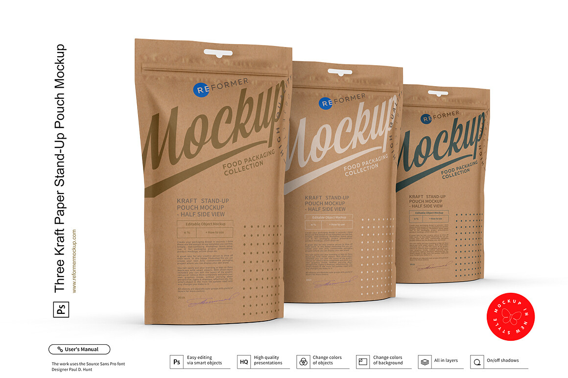 Three Kraft Paper Stand-Up Pouch Mockup
