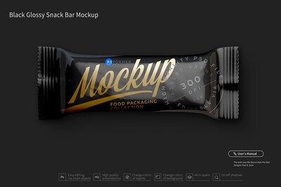 Black Glossy Snack Bar Mockup 80 g