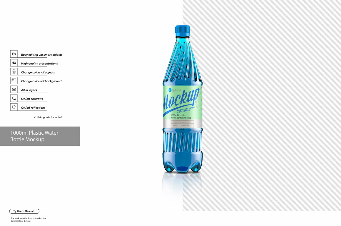 Plastic Water Bottle Mockup 1000 ml