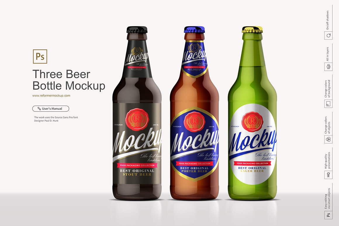 Three Beer Bottles Mockup 0.5 l