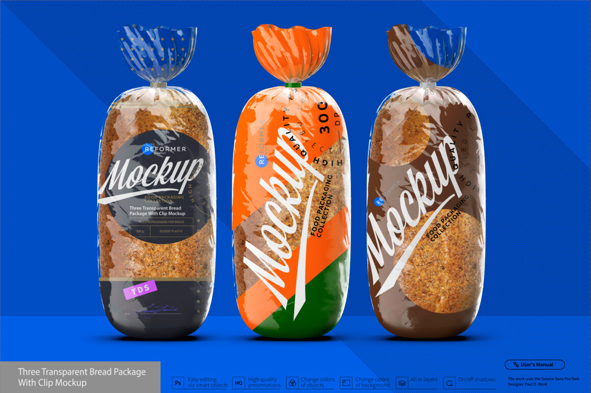 Three Plastic Bag with Clip for Bread Mockup