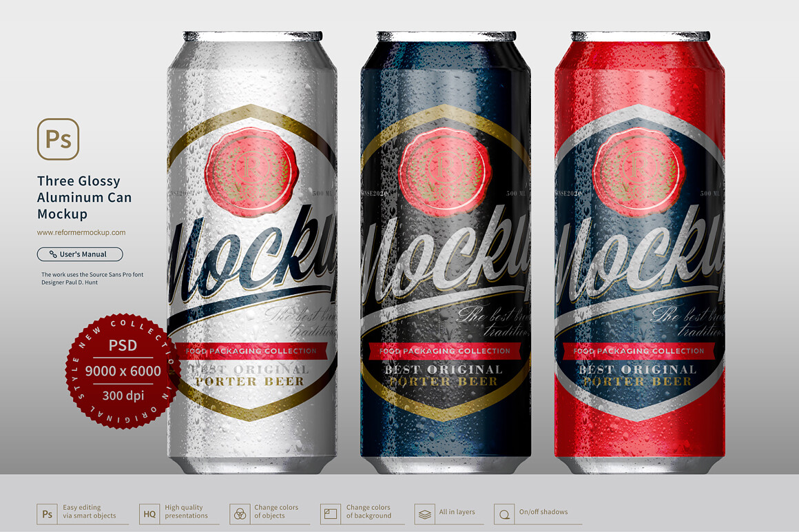 Three Glossy Aluminum Can Mockup