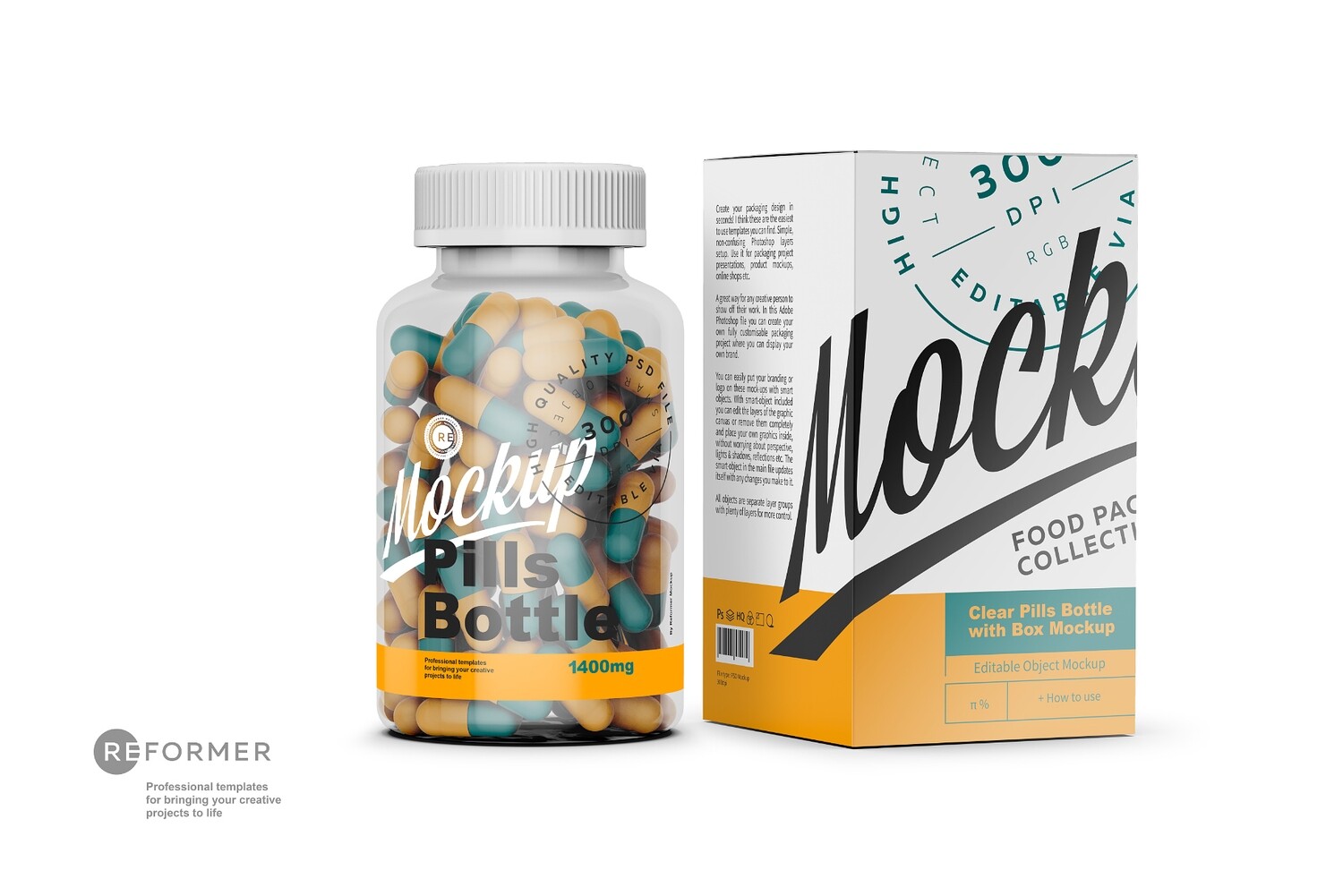 Bottle of Bicolor Capsules with Box Mockup