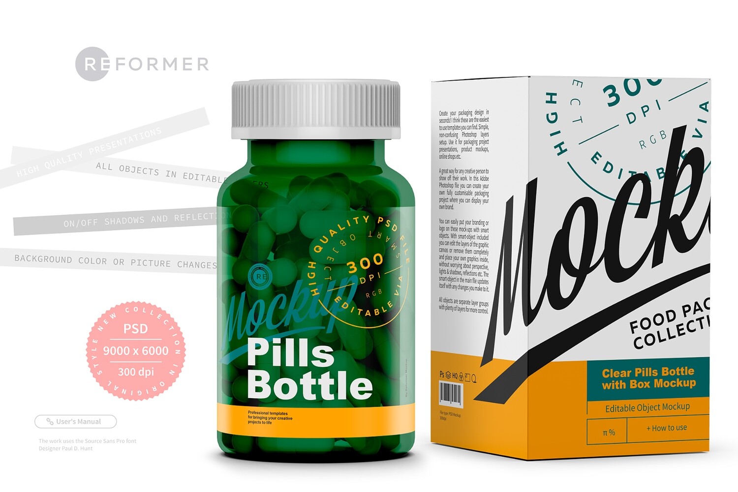 Green Pills Bottle with Box Mockup