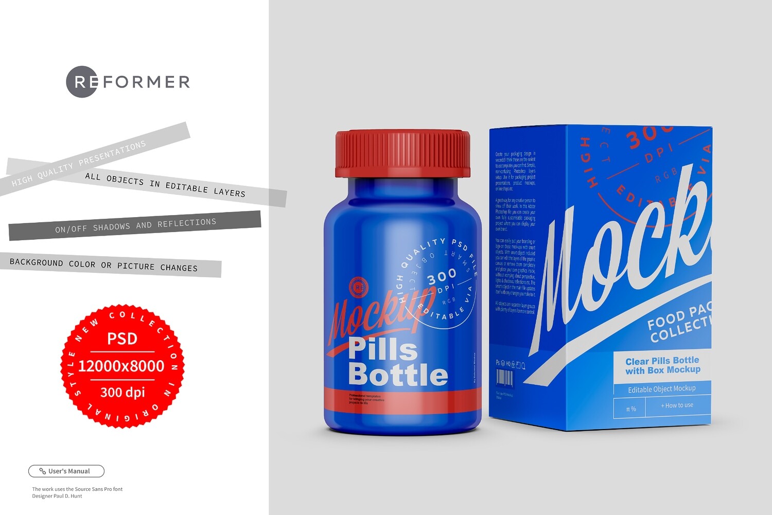 Colored Pills Bottle with Box Mockup