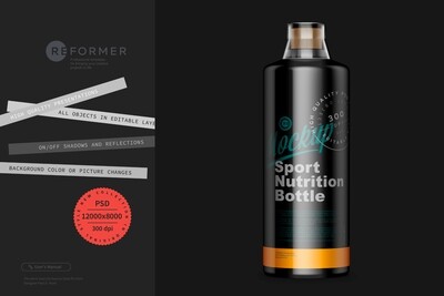 Glossy Black Sport Nutrition Bottle Mockup Glossy Black Sport Nutrition Bottle Mockup