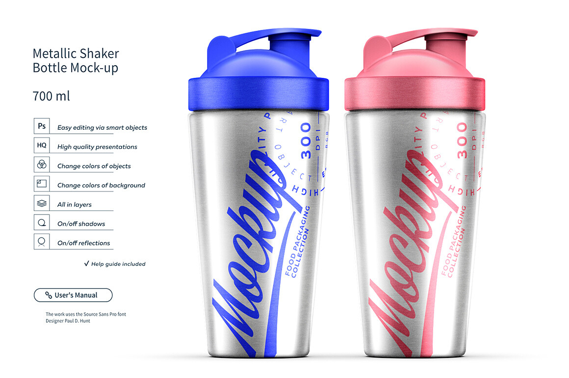 Two Metallic Shaker Bottle Mock-up 700 ml
