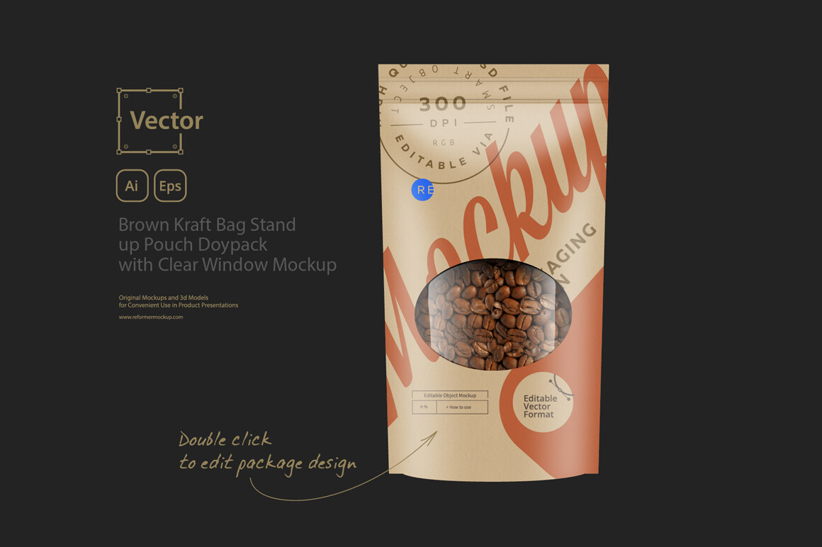 Brown Kraft Bag Stand up Pouch Doy-pack with Clear Window Mockup