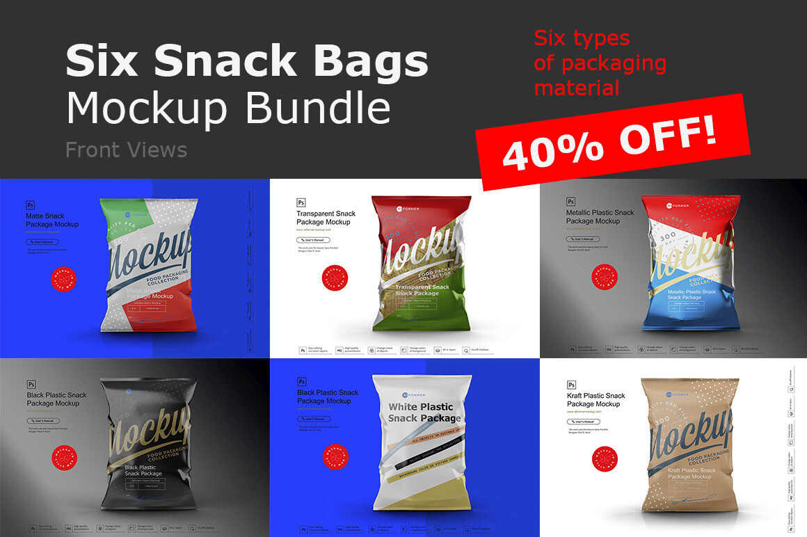Six Snack Bags Mockup Bundle