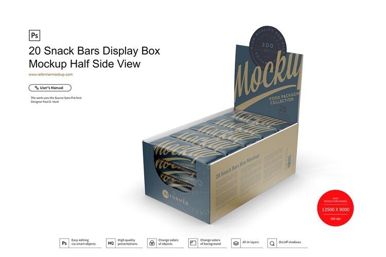 Snack Bars Display Box Mockup Half Side View