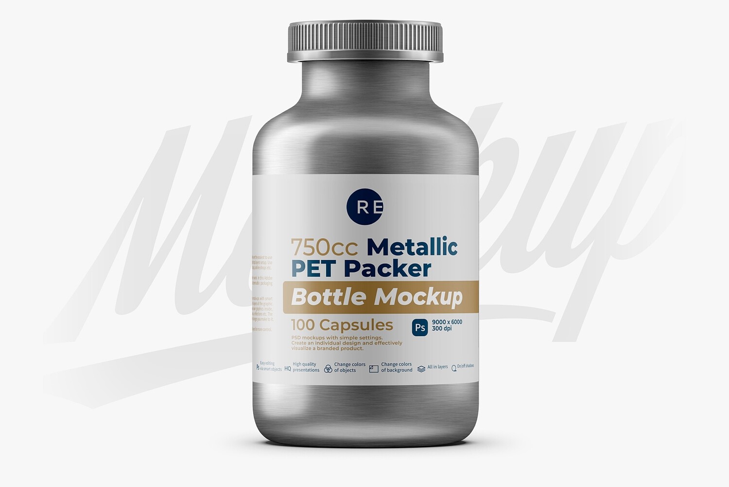 Metallic Plastic Pills Bottle Mockup 750cc