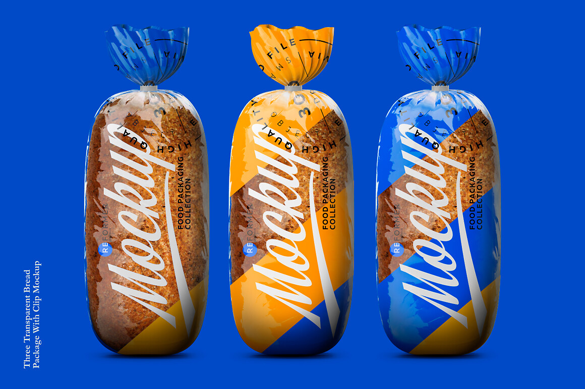 Three Plastic Bag with Clip for Bread Mockup