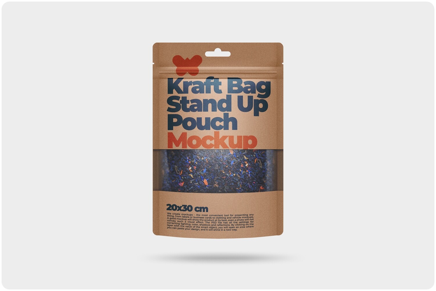 Kraft Bag Stand Up Pouch Doypack with Clear Window Mockup 7x11,8in (20x30cm)