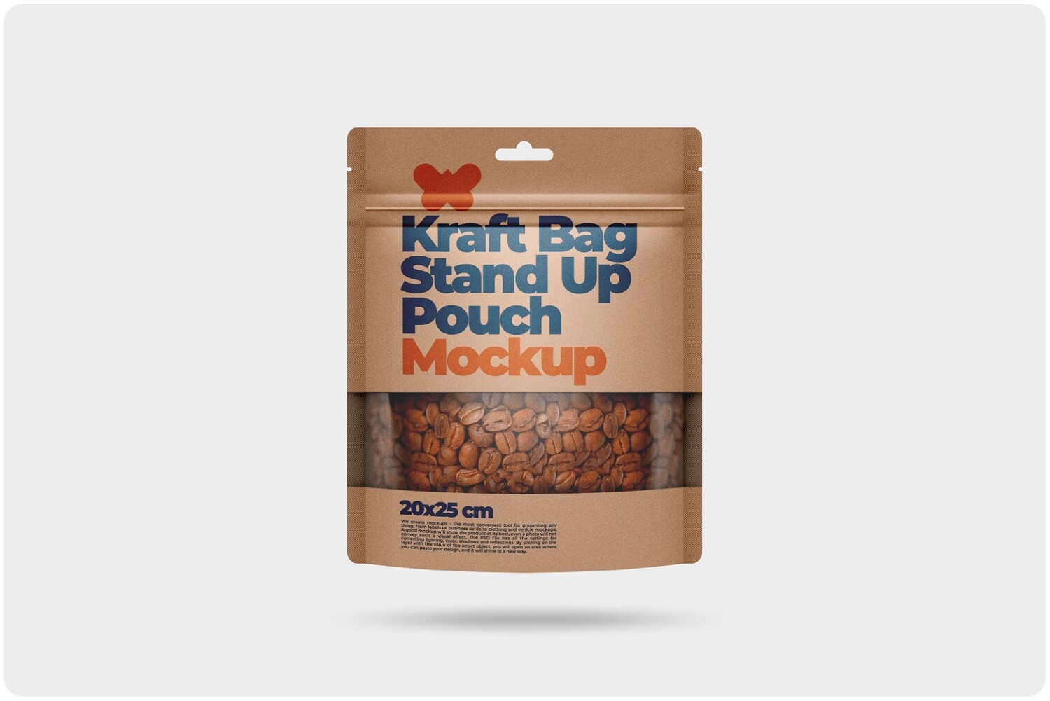 Kraft Bag Stand Up Pouch Doypack with Clear Window Mockup 7,9x9,8in (20x25cm)