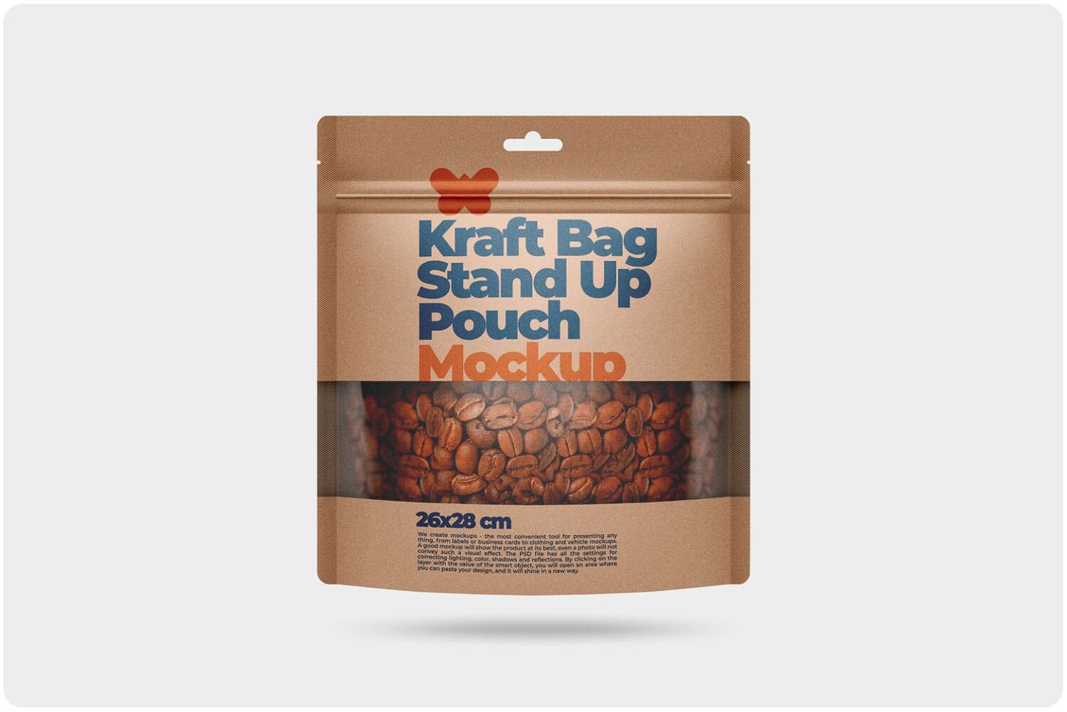 Kraft Bag Stand Up Pouch Doypack with Clear Window Mockup 26x28 cm