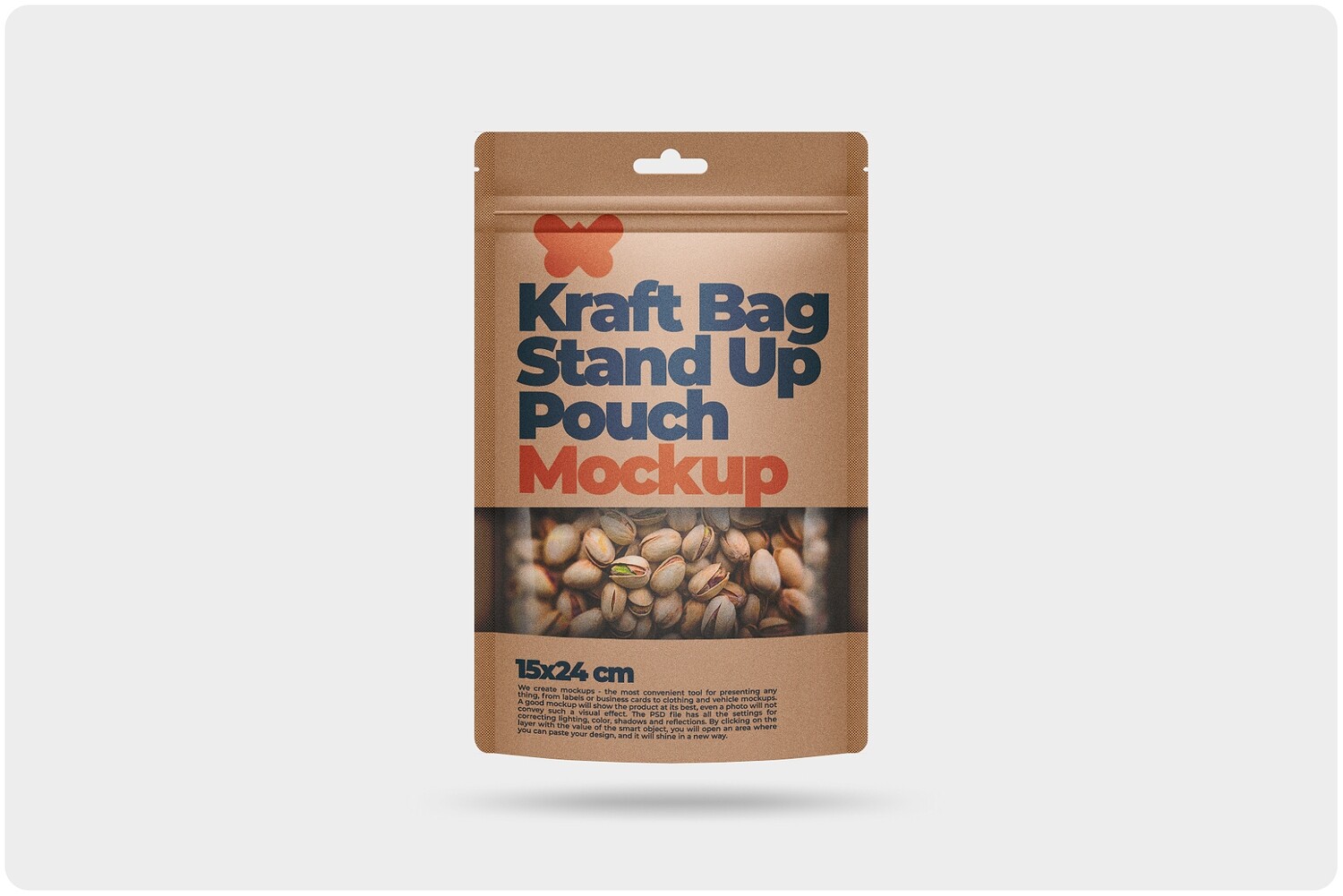 Kraft Bag Stand Up Pouch Doypack with Clear Window Mockup 6x9,5in (15x24cm)