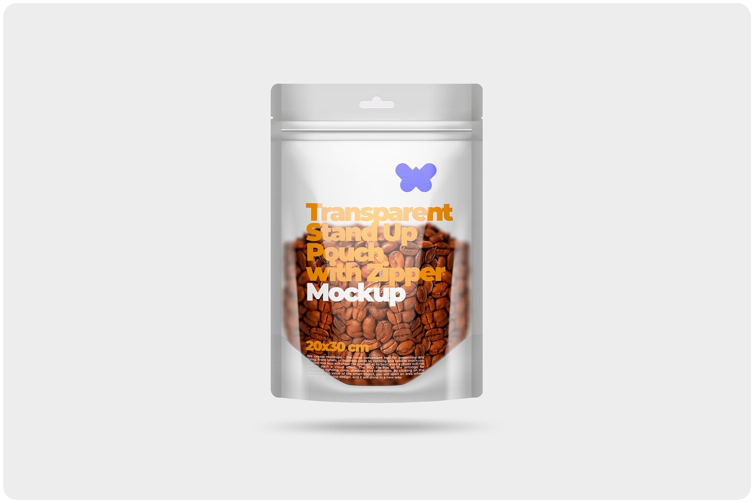 Transparent Glossy Stand Up Pouch with Zipper Mockup 7x11,8in (20x30cm)