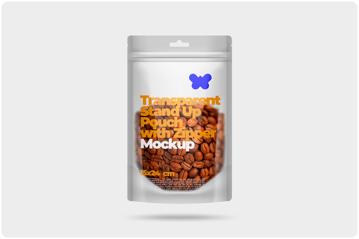 Transparent Glossy Stand Up Pouch with Zipper Mockup 6x9,5in (15x24cm)