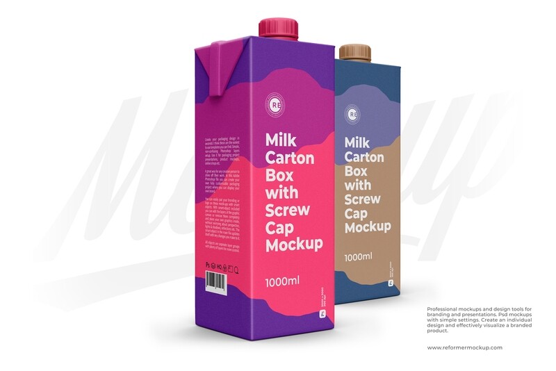 Milk Carton Box with Screw Cap Mockup 1000ml