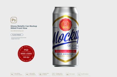 Glossy Metallic Can Mockup 900ml