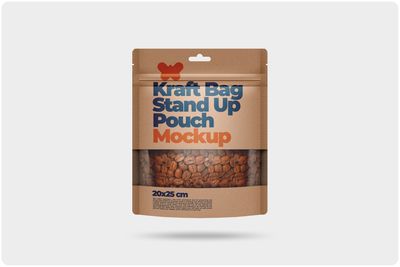 Kraft Bag Stand Up Pouch Doypack with Clear Window Mockup 7,9x9,8in (20x25cm)