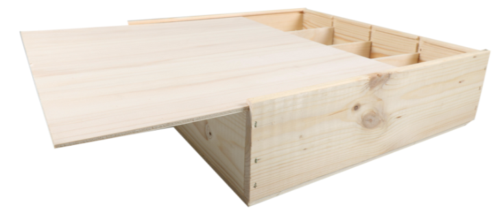 Wijnkist, hout, 4 flessen incl. deksel