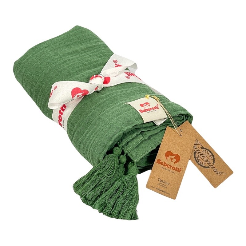 Organic Muslin Tasseled Throw Blanket green