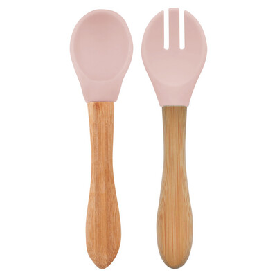 MinikOiOi Dig In - Pinky Pink - Silicone tip, bamboo handle spoon and fork