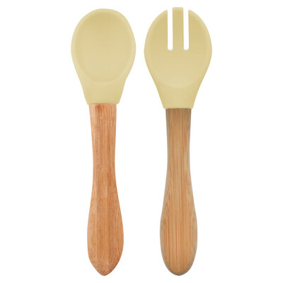 MinikOiOi Dig In - Mellow Yellow - Silicone tip, bamboo handle spoon and fork