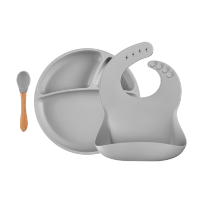 MinikOiOi BLW Set II - Powder Grey - Silicone bib-plate-spoon