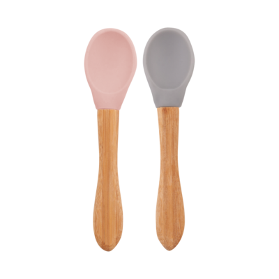 MinikOiOi Scoops - Pinky Pink / Powder Grey - Silicone tip, bamboo handle spoon