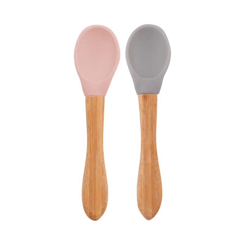 MinikOiOi Scoops - Pinky Pink / Powder Grey - Silicone tip, bamboo handle spoon
