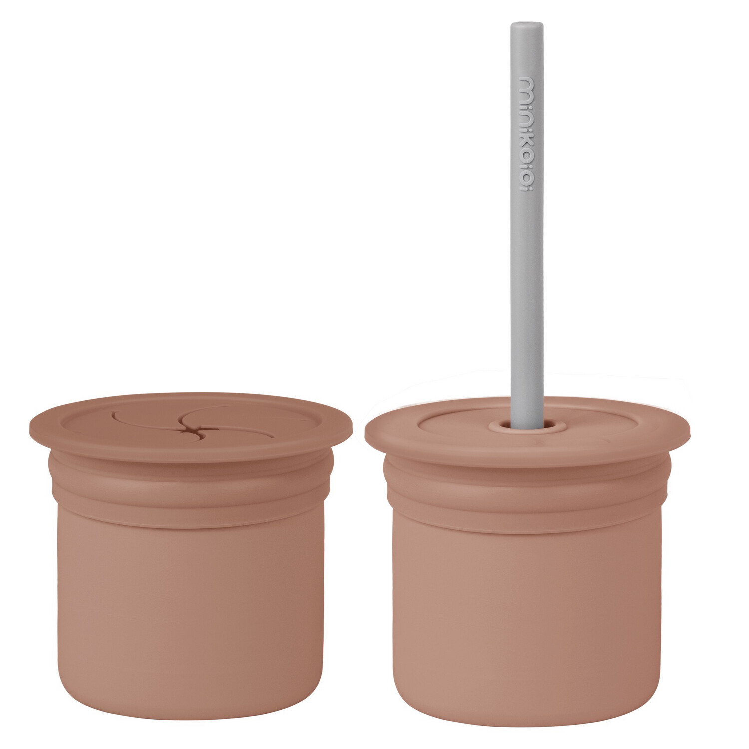 MinikOiOi Sip + Snack - Woody Brown / Powder Grey - 1 cup, 2 lids, 1 straw