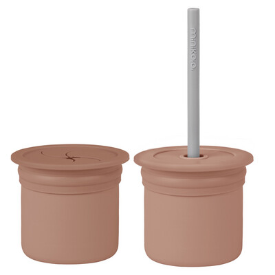 MinikOiOi Sip + Snack - Woody Brown / Powder Grey - 1 cup, 2 lids, 1 straw