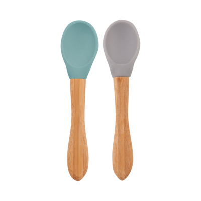 MinikOiOi Scoops - Aqua Green / Powder Grey - Silicone tip, bamboo handle spoon