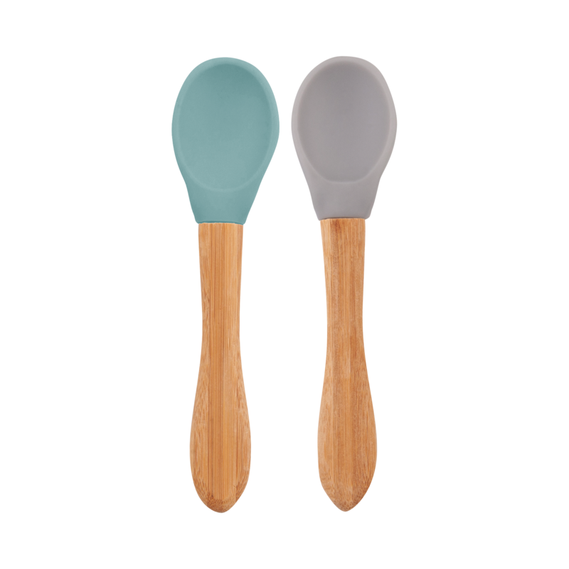 MinikOiOi Scoops - Aqua Green / Powder Grey - Silicone tip, bamboo handle spoon