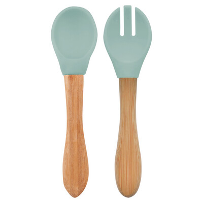 MinikOiOi Dig In - River Green - Silicone tip, bamboo handle spoon and fork