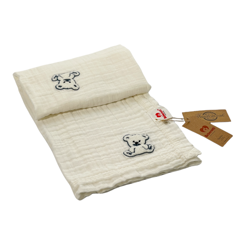 Organic 4 Layered Embroifered Muslin Blanket white/bear