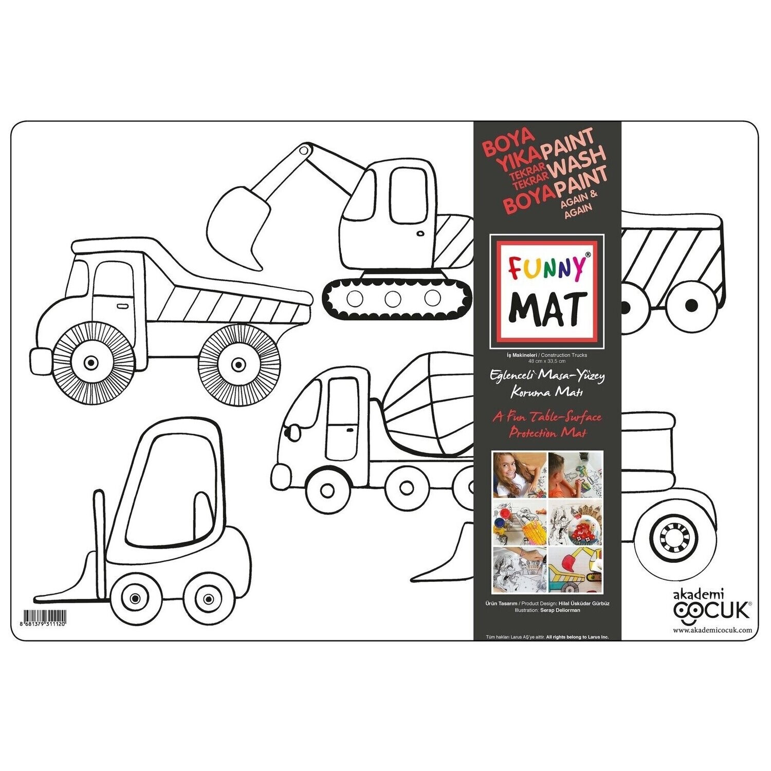 Funny Mat 3in1 Desk Mat, Reusable Coloring Book, Craft Mat for Kids. CONSTRUCTION VEHICLES