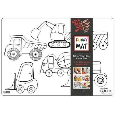 Funny Mat 3in1 Desk Mat, Reusable Coloring Book, Craft Mat for Kids. CONSTRUCTION VEHICLES