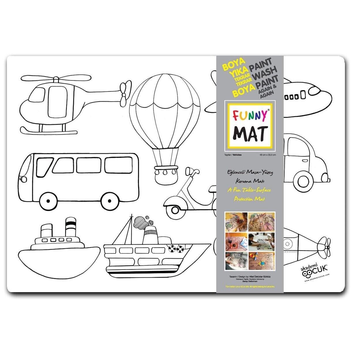 Funny Mat 3in1 Desk Mat, Reusable Coloring Book, Craft Mat for Kids. VEHICLES