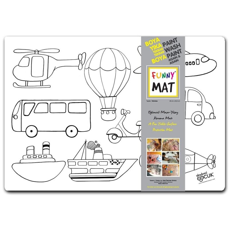 Funny Mat 3in1 Desk Mat, Reusable Coloring Book, Craft Mat for Kids. VEHICLES