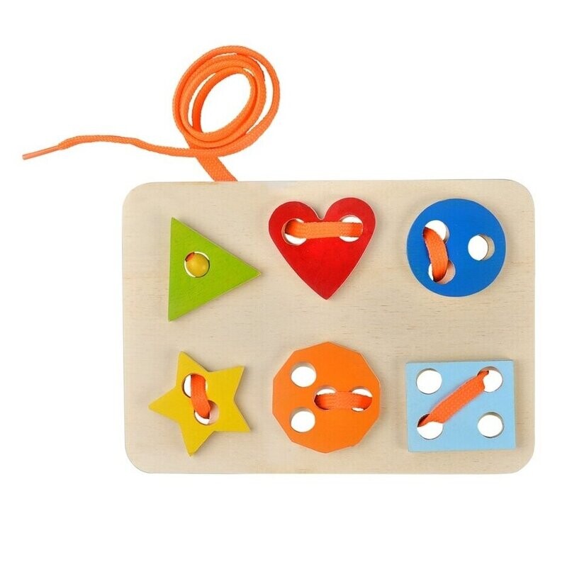 Intellectiki®  geometry wooden lacing toy to promote fine motor skills, color learning and counting