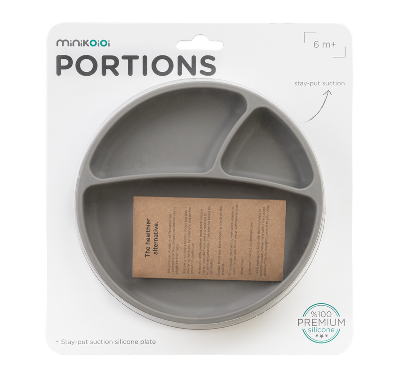 MinikOiOi Portions - Grigio Polvere - Piastra in silicone ad aspirazione fissa – foto prodotto, set…