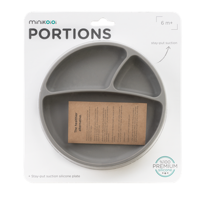 MinikOiOi Portions - Grigio Polvere - Piastra in silicone ad aspirazione fissa – foto prodotto, set…